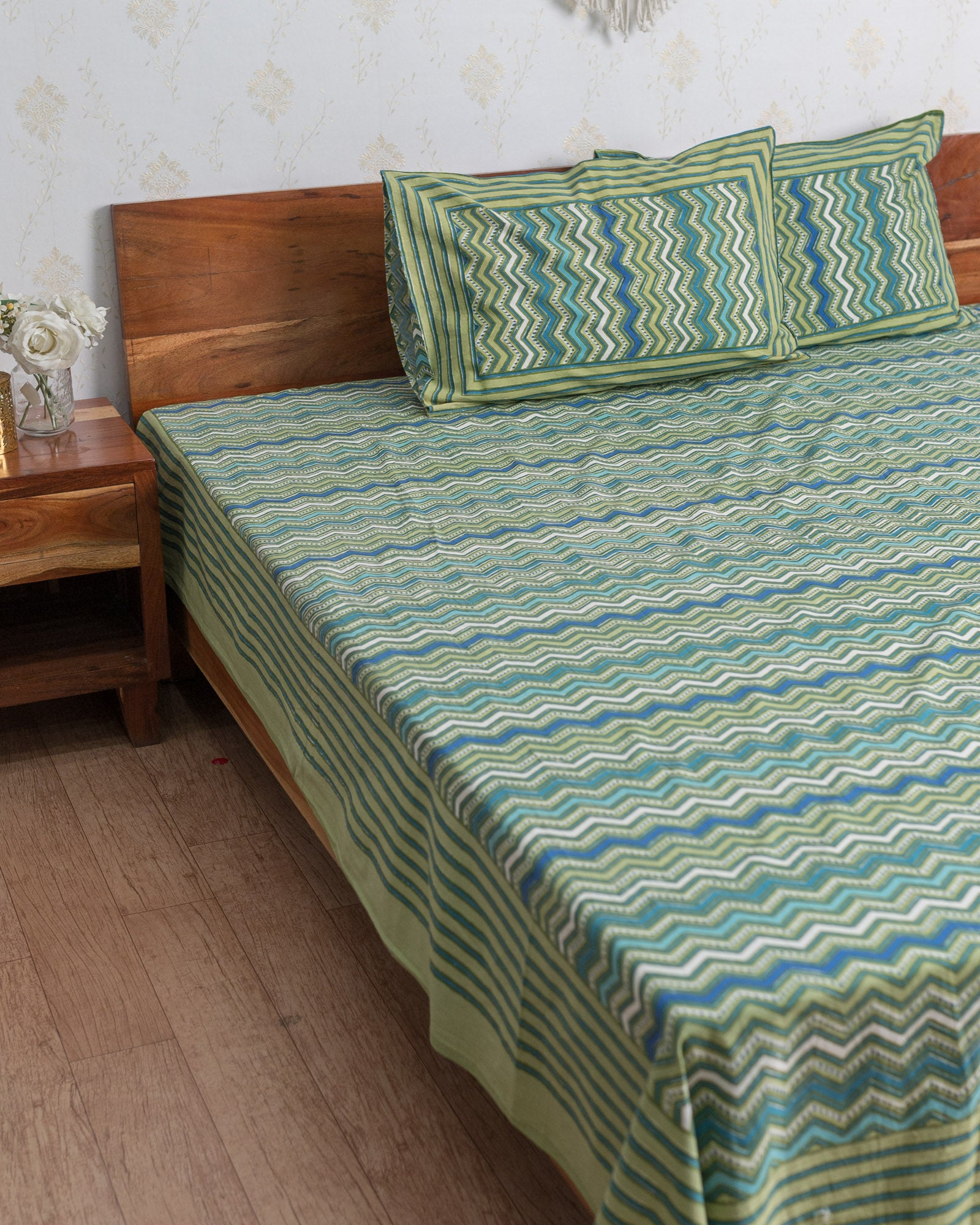 Cotton Queen Size Bedsheet Green Blue Leheriya Print (6741986574435)