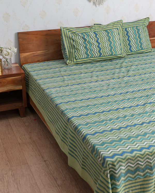Cotton Queen Size Bedsheet Green Blue Leheriya Print (6741986574435)