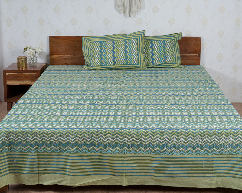 Cotton Queen Size Bedsheet Green Blue Leheriya Print 1 (6741986574435)