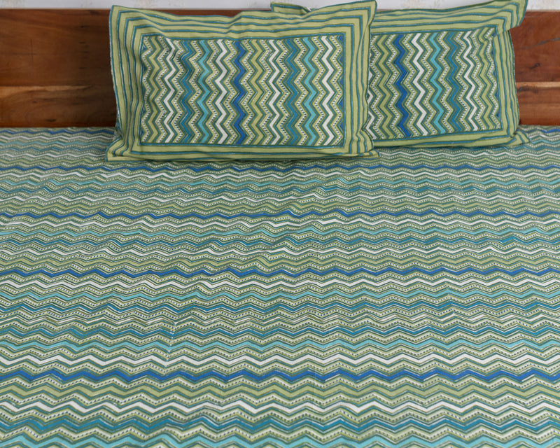 Cotton Queen Size Bedsheet Green Blue Leheriya Print 2 (6741986574435)