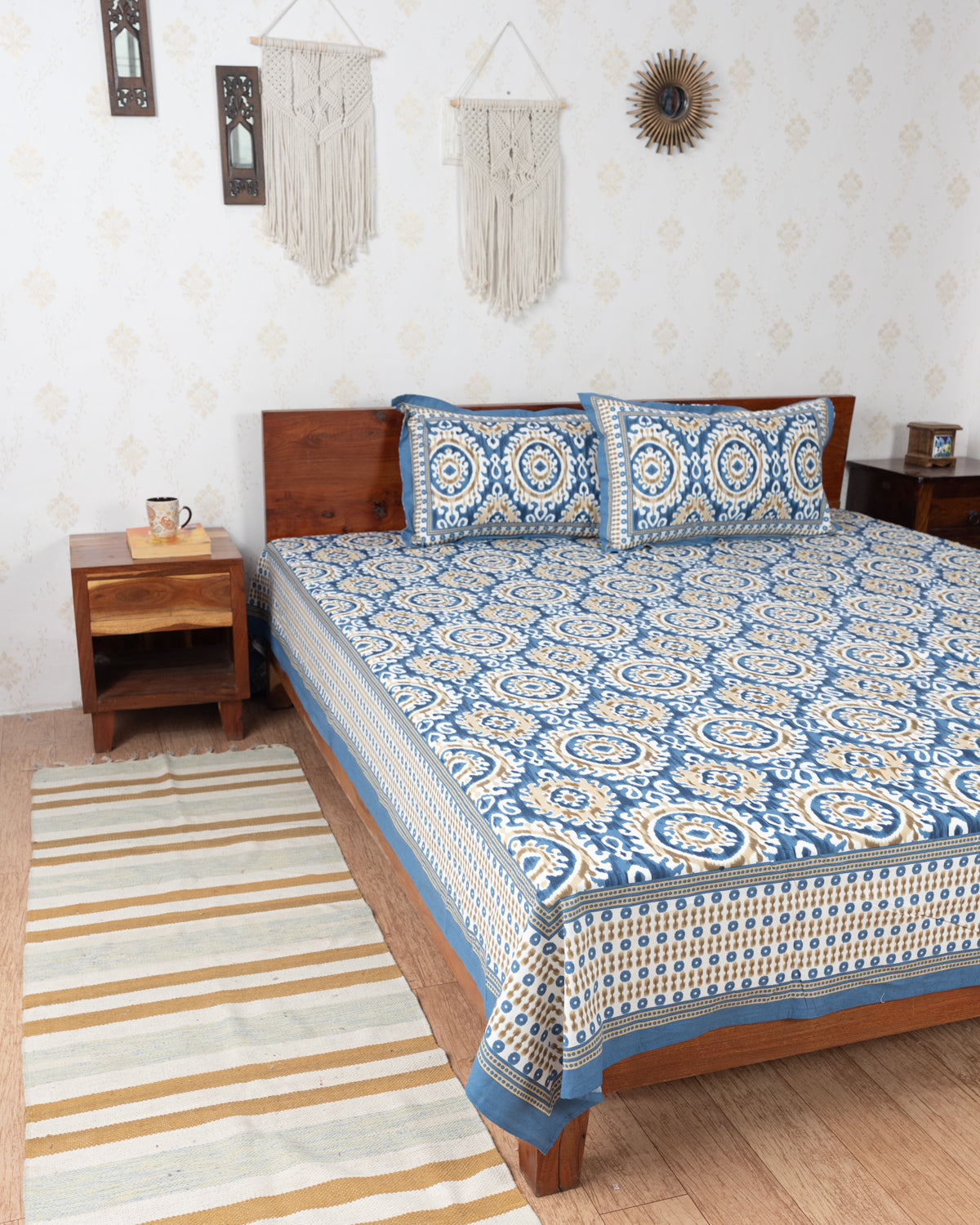 Indigo Blue Floral Grid Pattern Hand Printed Double Bedsheet (6863327133795)