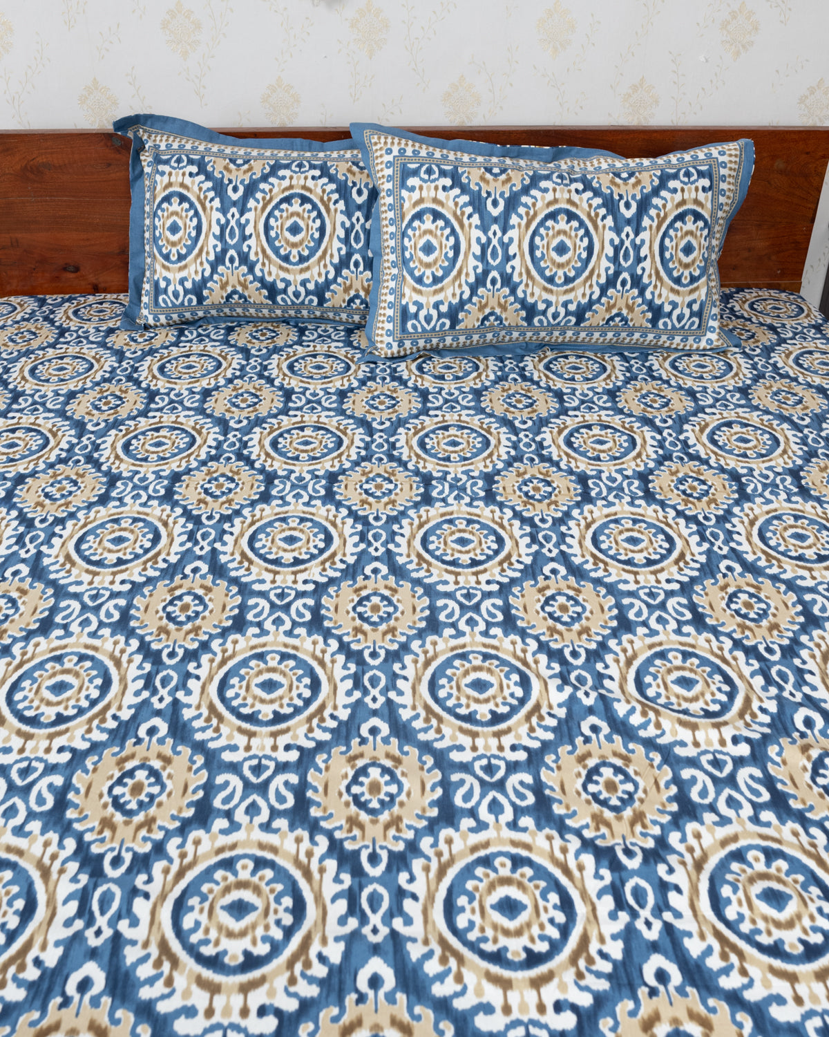 Indigo Blue Floral Grid Pattern Hand Printed Double Bedsheet (6863327133795)