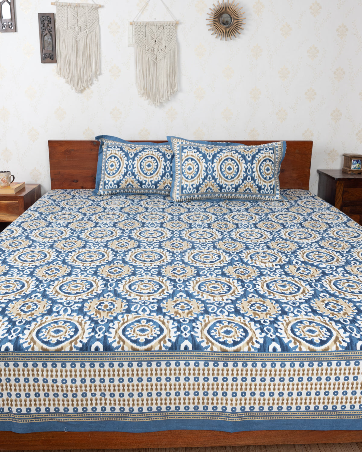 Indigo Blue Floral Grid Pattern Hand Printed Double Bedsheet (6863327133795)