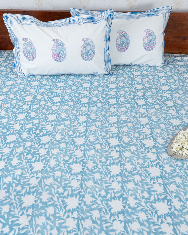 Fine Cotton King Size Bedsheet Blue White Floral Jaal Block Print 3 (6784199458915)