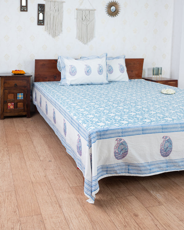 Fine Cotton King Size Bedsheet Blue White Floral Jaal Block Print (6784199458915)