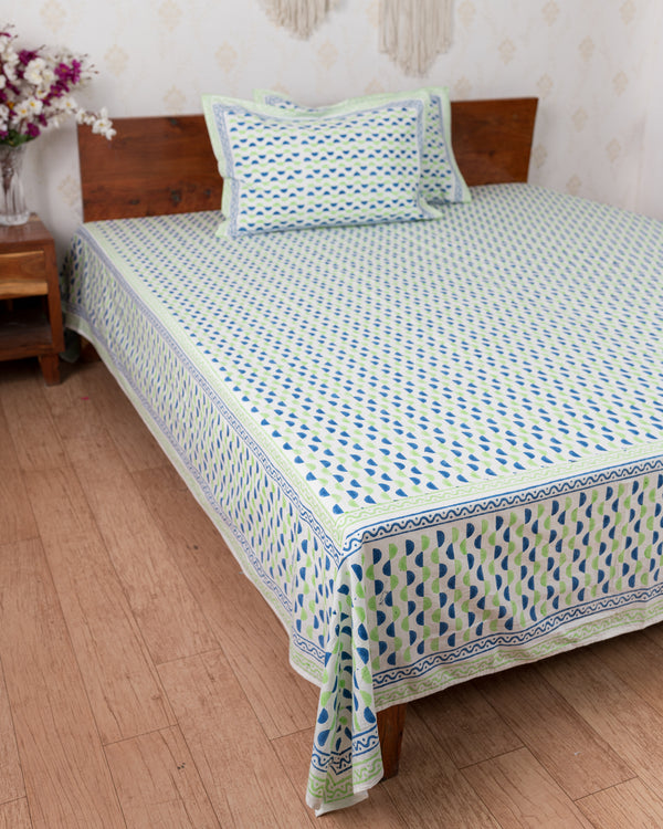 Fine Cotton King Size Bedsheet Blue Green Leher Block Print (6784199491683)