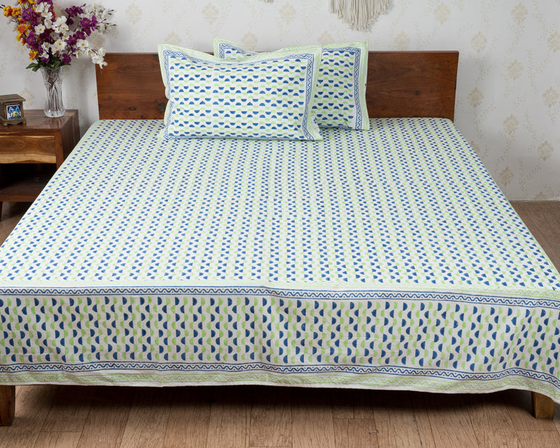 Fine Cotton King Size Bedsheet Blue Green Leher Block Print 3 (6784199491683)