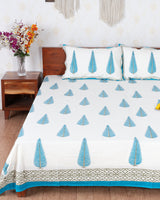 Gul Hand Block Printed Icy Blue King Size Bedsheet (6833625727075)