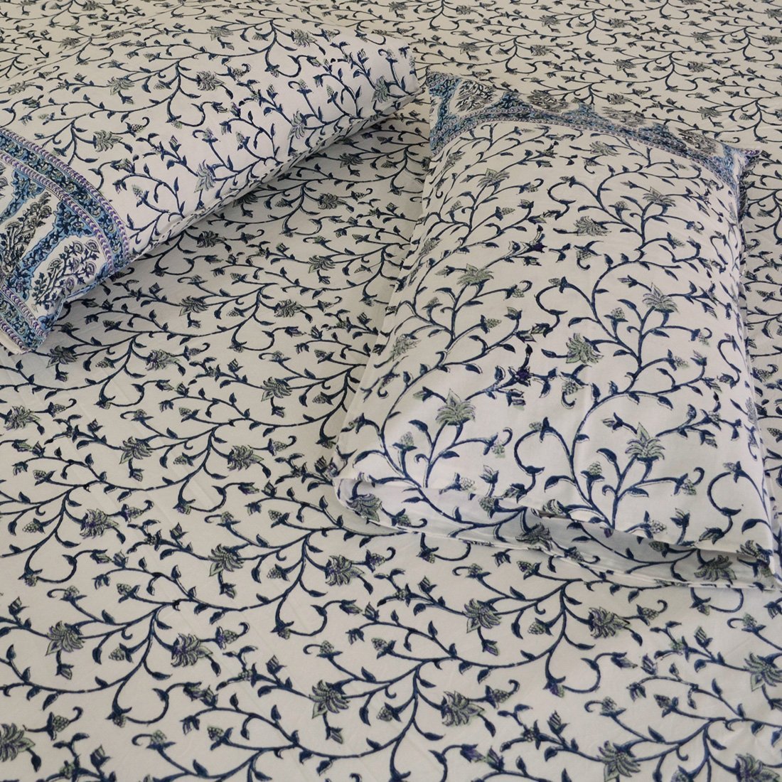 Cotton King Size Bedsheet Blue Grey Floral Jaal Block Print 1 (4688544137315)