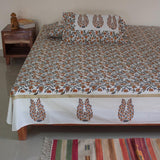 Cotton King Size Bedsheet Orange Grey Floral Jaal Block Print (4496984604771)