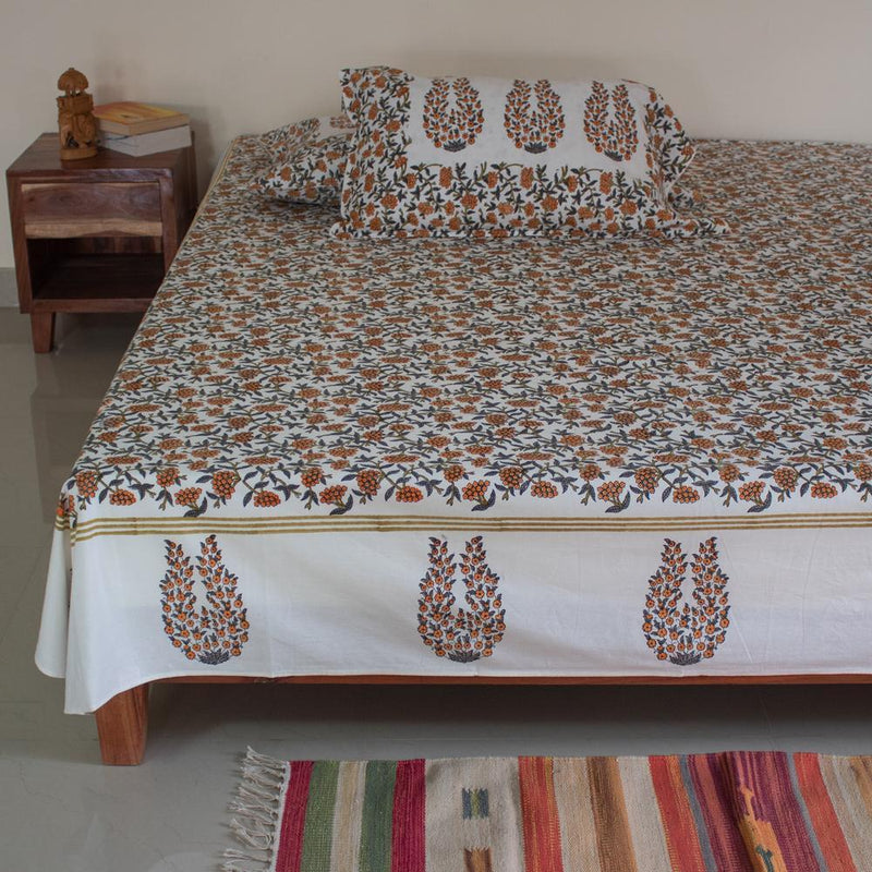 Cotton King Size Bedsheet Orange Grey Floral Jaal Block Print (4496984604771)