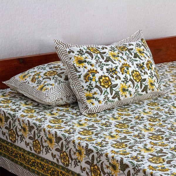 Cotton King Size Bedsheet Yellow Green Floral Jaal Block Print 1 (6637475725411)