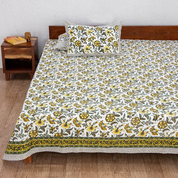 Cotton King Size Bedsheet Yellow Green Floral Jaal Block Print (6637475725411)
