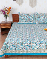 Afroz Hand Block Printed Icy Blue King Size Bedsheet  (6833625792611)