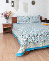 Afroz Hand Block Printed Icy Blue King Size Bedsheet  (6833625792611)