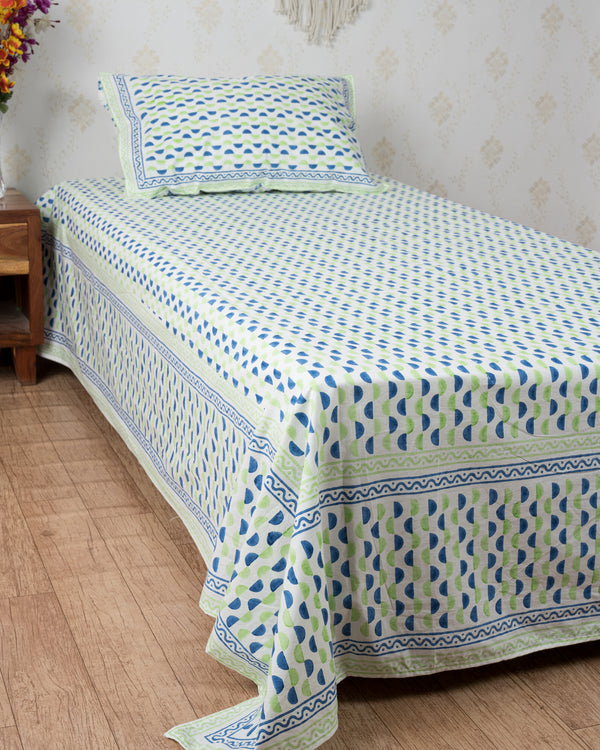 Fine Cotton Single Bedsheet Blue Green Leher Block Print (6784201621603)
