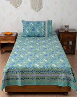 Cotton Single Bedsheet with Pillow Sea Green Blue Floral Block Print (6821000544355)