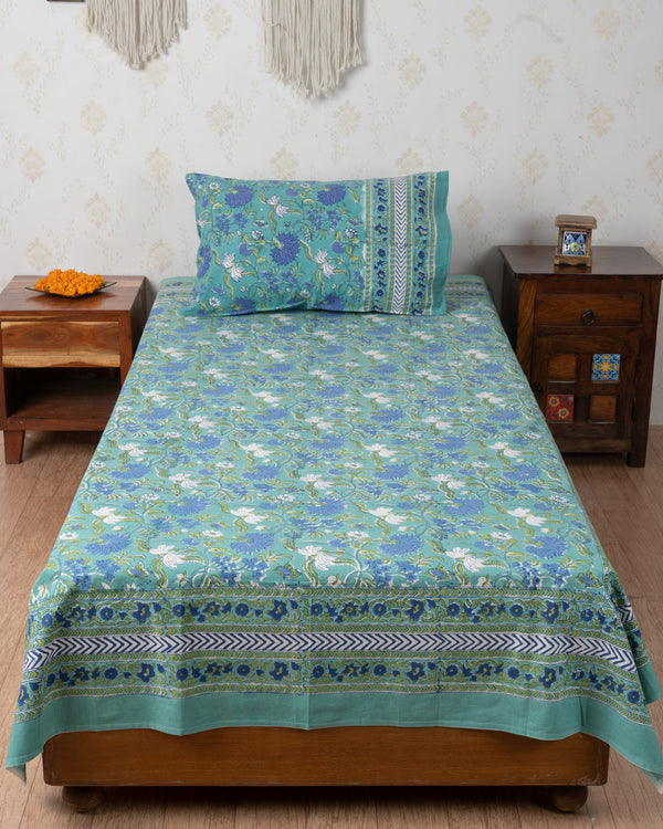 Cotton Single Bedsheet with Pillow Sea Green Blue Floral Block Print (6821000544355)