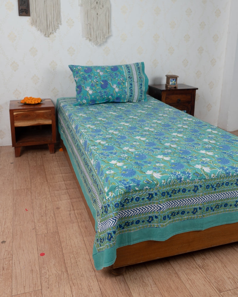 Cotton Single Bedsheet with Pillow Sea Green Blue Floral Block Print (6821000544355)