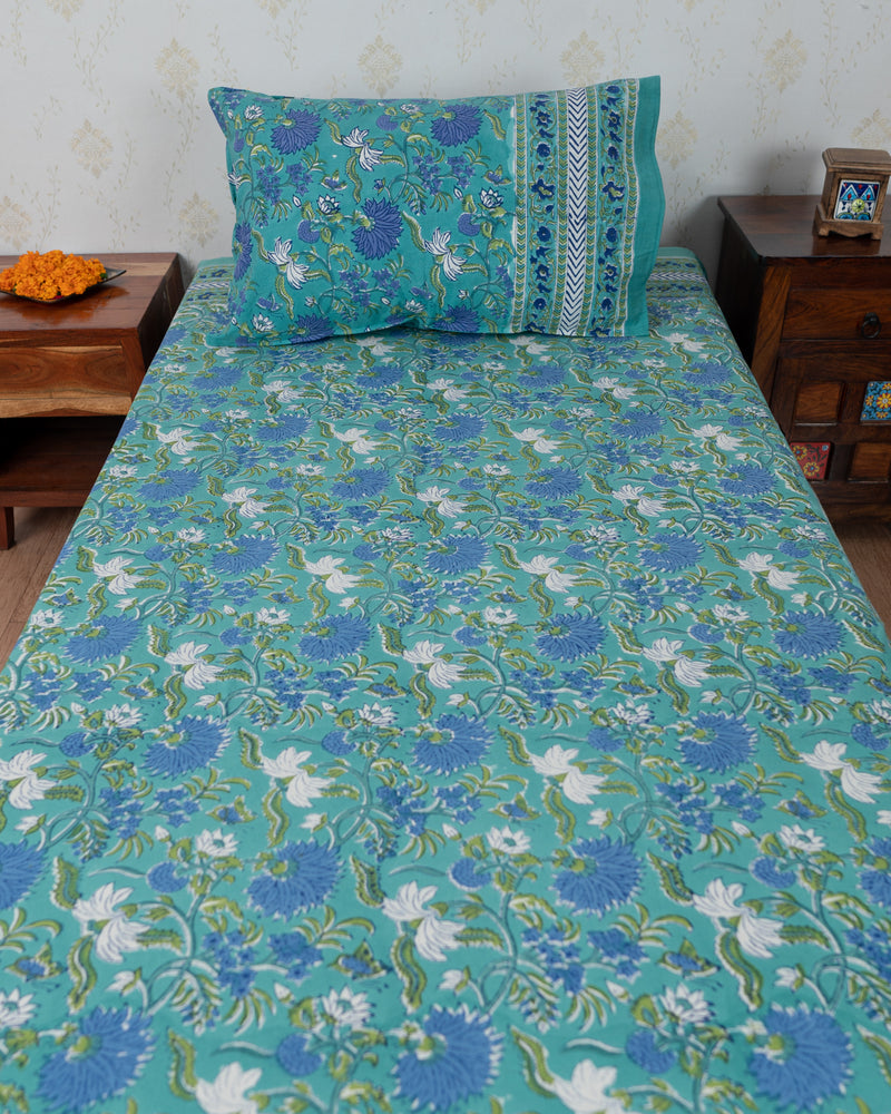 Cotton Single Bedsheet with Pillow Sea Green Blue Floral Block Print 2 (6821000544355)