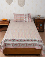 Cotton Single Bedsheet with Pillow Grey Pink Booti Block Print (6820999266403)