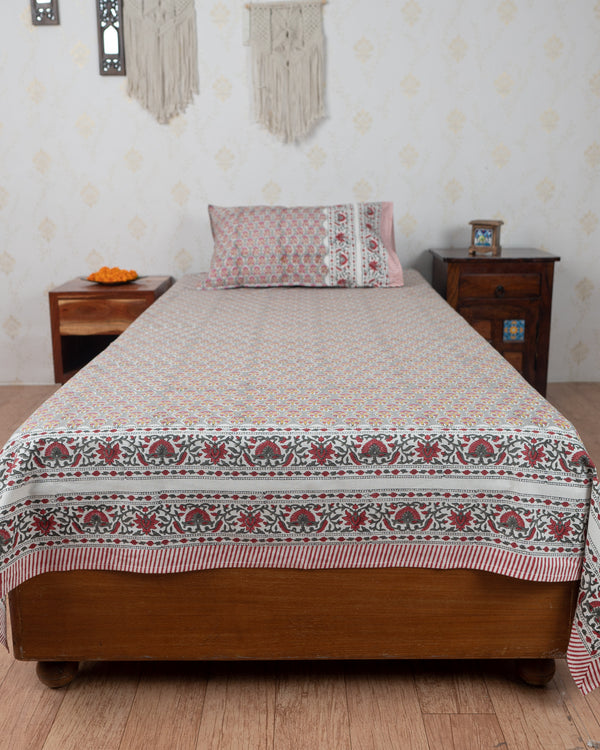Cotton Single Bedsheet with Pillow Grey Pink Booti Block Print 1 (6820999266403)