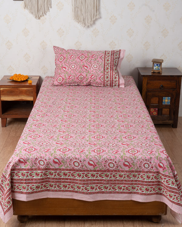 Cotton Single Bedsheet with Pillow Pink Red Anar Jaal Block Print (6831239266403)