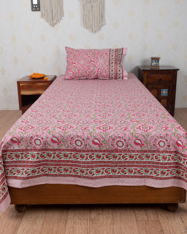 Cotton Single Bedsheet with Pillow Pink Red Anar Jaal Block Print 1 (6831239266403)