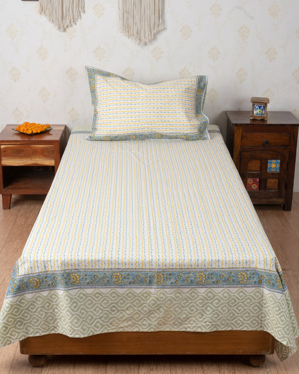 Cotton Single Bedsheet with Pillow Yellow Blue Leheriya Block Print (6820999135331)