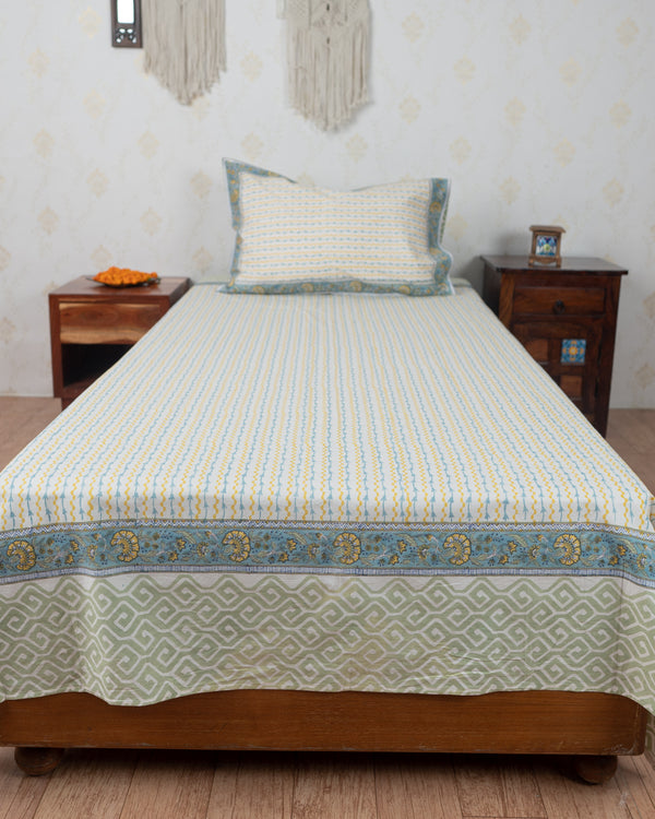 Cotton Single Bedsheet with Pillow Yellow Blue Leheriya Block Print 1 (6820999135331)
