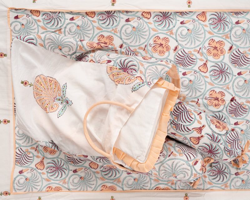 Cotton Baby Bedding Set Peach Green Floral Jaal Block Print 5 (6790495699043)