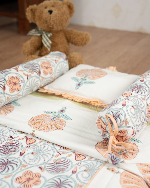 Cotton Baby Bedding Set Peach Green Floral Jaal Block Print (6790495699043)