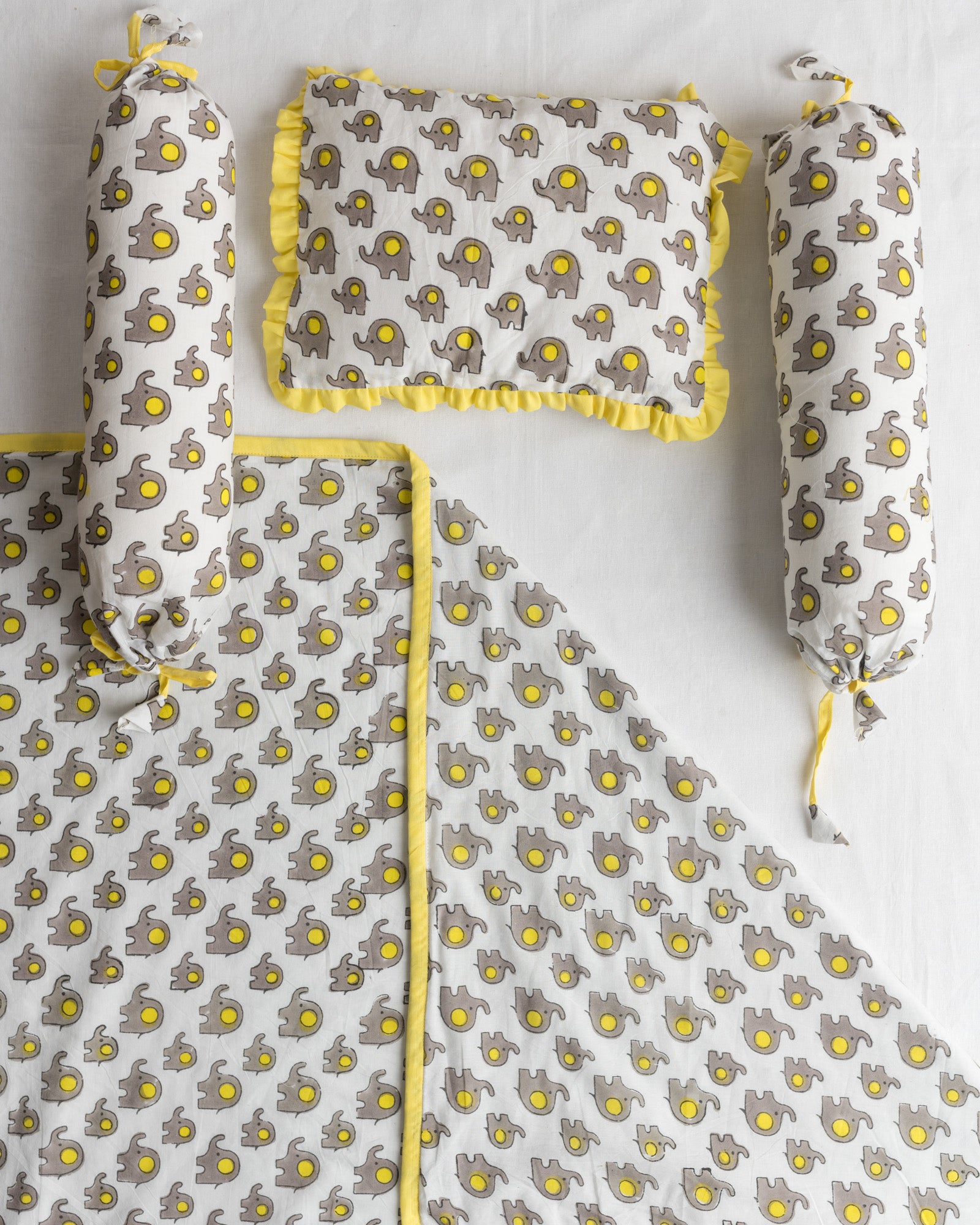 Baby Bedding Set 4 Pc Grey Yellow Baby Elephant Block Print (6742000533603)
