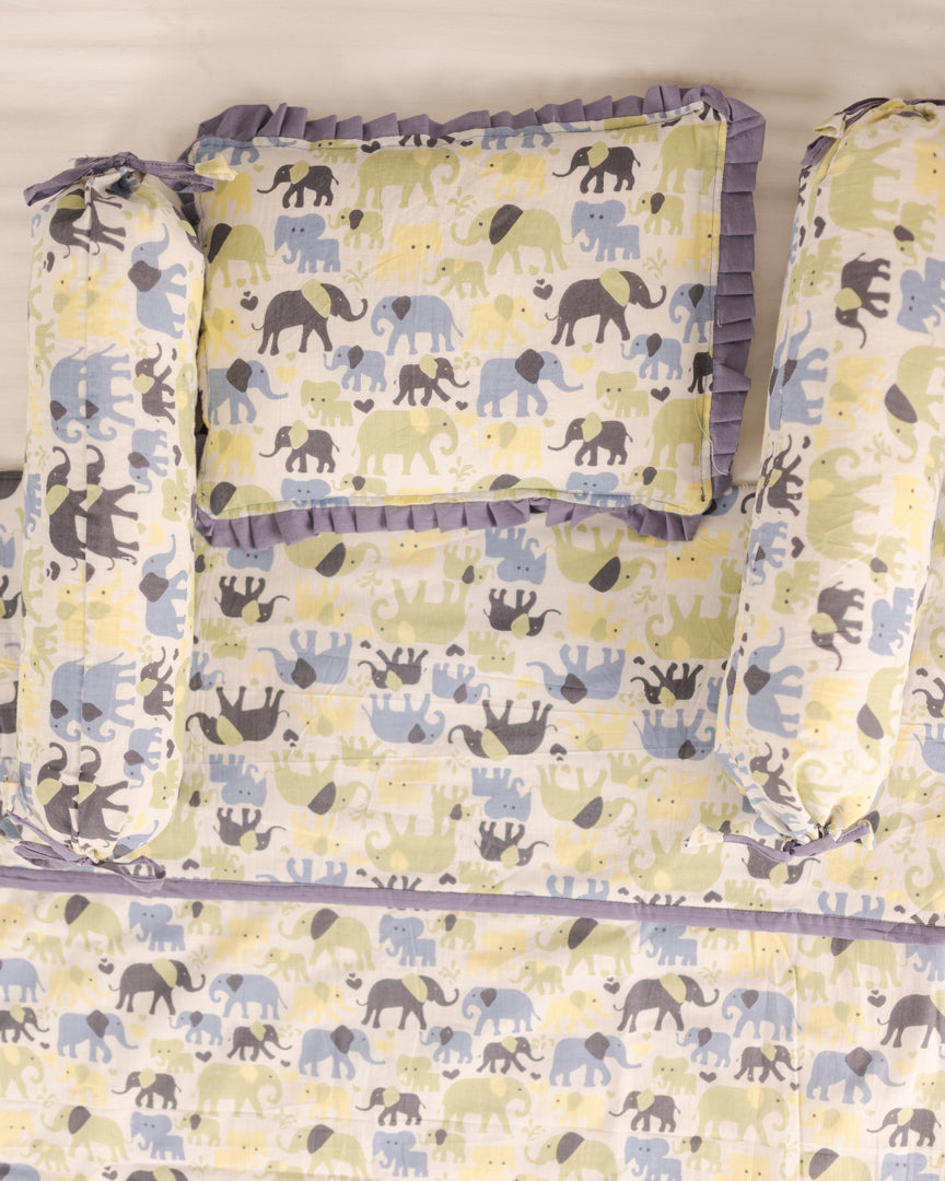 Baby Bedding Set 4 Pc Green Blue Elephant Herd Block Print (6722470641763)