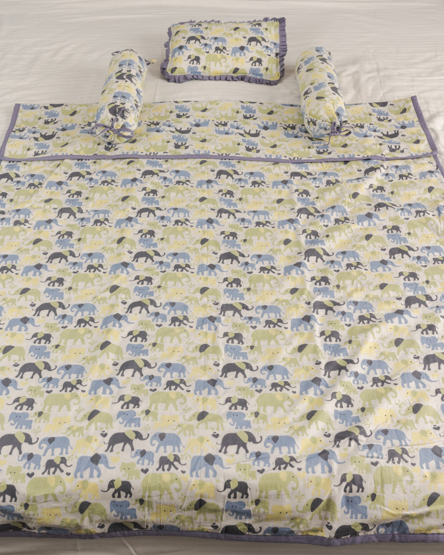 Baby Bedding Set 4 Pc Green Blue Elephant Herd Block Print 1 (6722470641763)