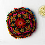 Canvas Floral Emroidered Round Cushion Cover Black 16 Inch (6768226500707)