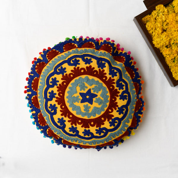 Canvas Mandala Emroidered Round Cushion Cover Mustard 16 Inch (6768226566243)