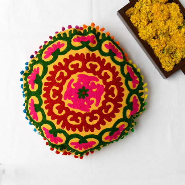 Canvas Mandala Emroidered Round Cushion Cover Yellow 16 Inch (6768226828387)