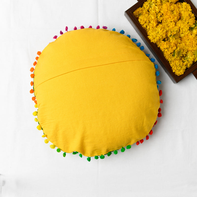Canvas Mandala Emroidered Round Cushion Cover Yellow 16 Inch (6768226828387)