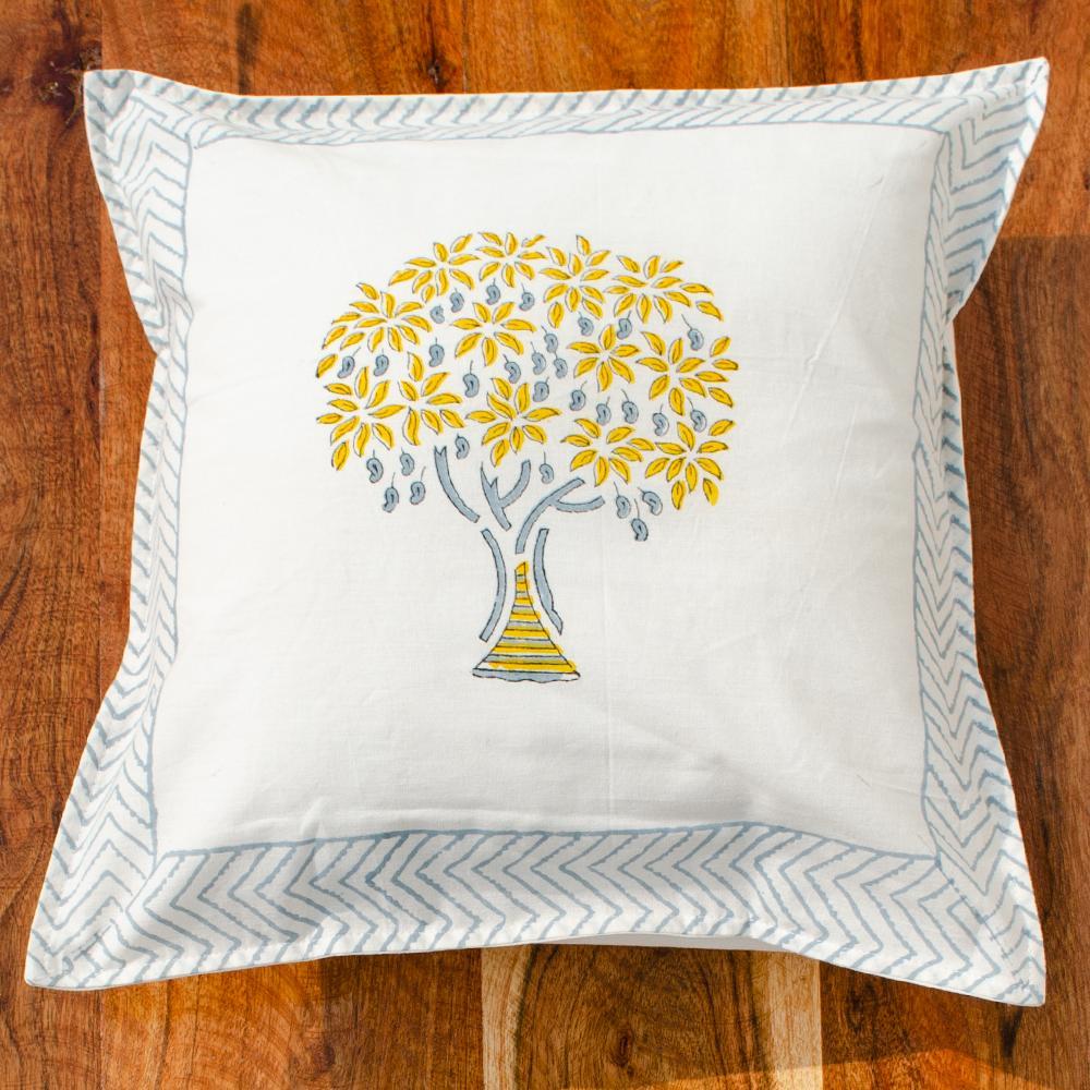 Fine Cotton Cushion Cover Yellow Grey Mango Tree Block Print (6547352191075)