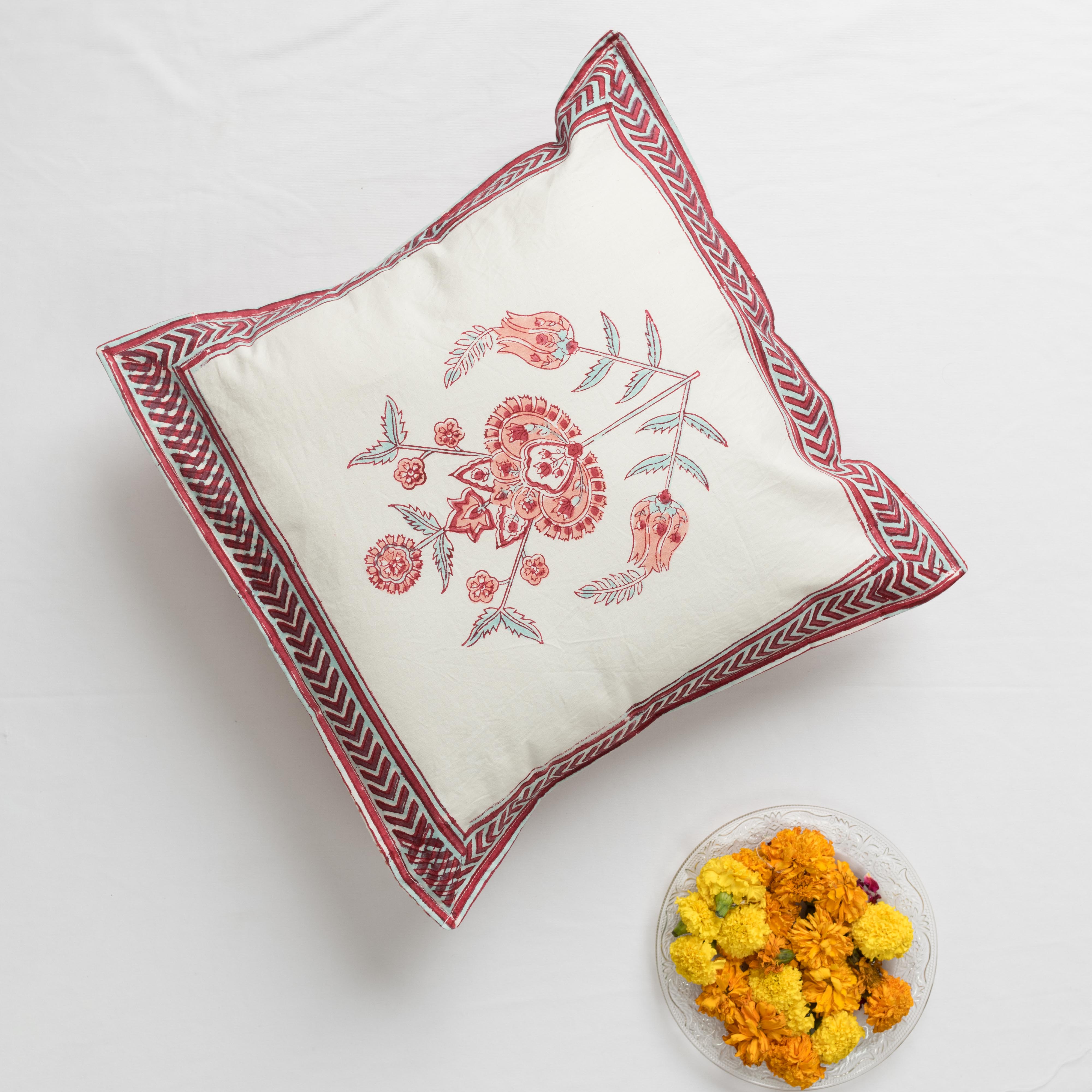 Fine Cotton Cushion Cover Peach Turquoise Boota Block Print (6754819637347)