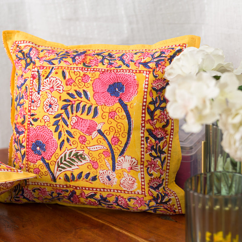 Cotton Cushion Cover Yellow Pink Foral Block Print (6637112426595)