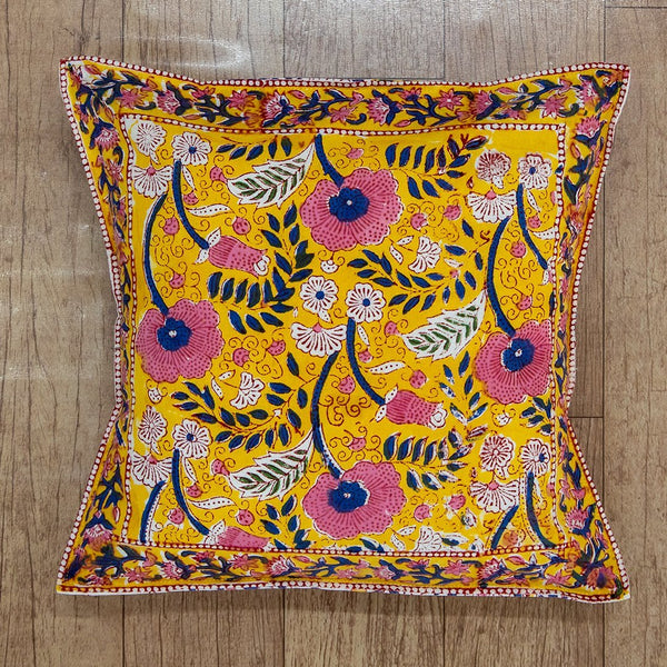 Cotton Cushion Cover Yellow Pink Foral Block Print  (6637112426595)