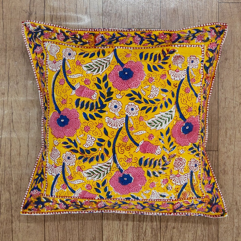 Cotton Cushion Cover Yellow Pink Foral Block Print  (6637112426595)