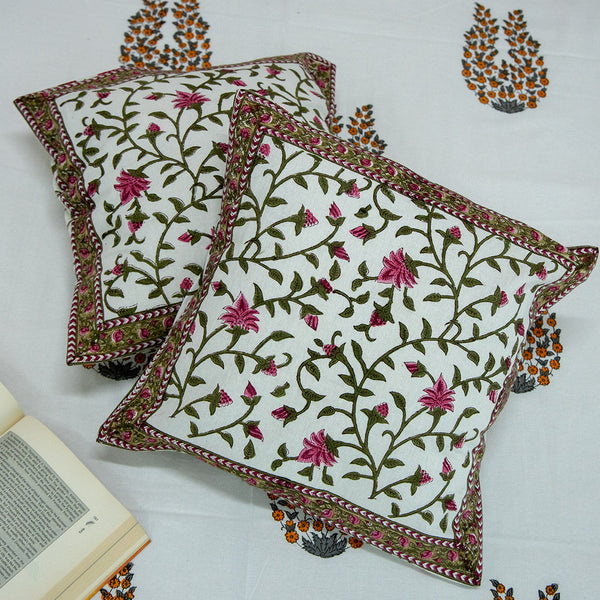 Cotton Cushion Cover Pink Green Floral Jaal Block Print (6547354452067)