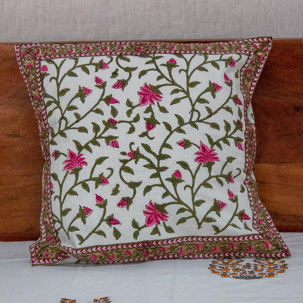 Cotton Cushion Cover Pink Green Floral Jaal Block Print 1 (6547354452067)