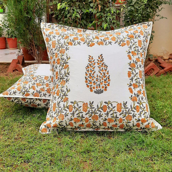 Cotton Cushion Cover Orange Grey Floral Boota Block Print (6547354484835)
