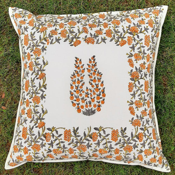 Cotton Cushion Cover Orange Grey Floral Boota Block Print (6547354484835)