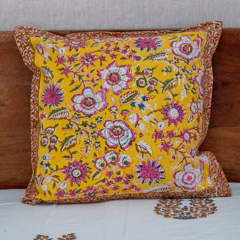 Cotton Cushion Cover Reversible Yellow Pink Floral Jaal Block Print 1 (6708806844515)
