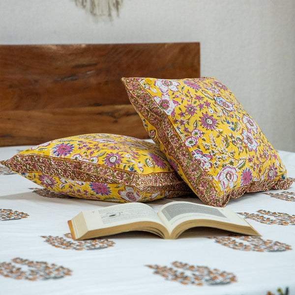 Cotton Cushion Cover Reversible Yellow Pink Floral Jaal Block Print (6708806844515)
